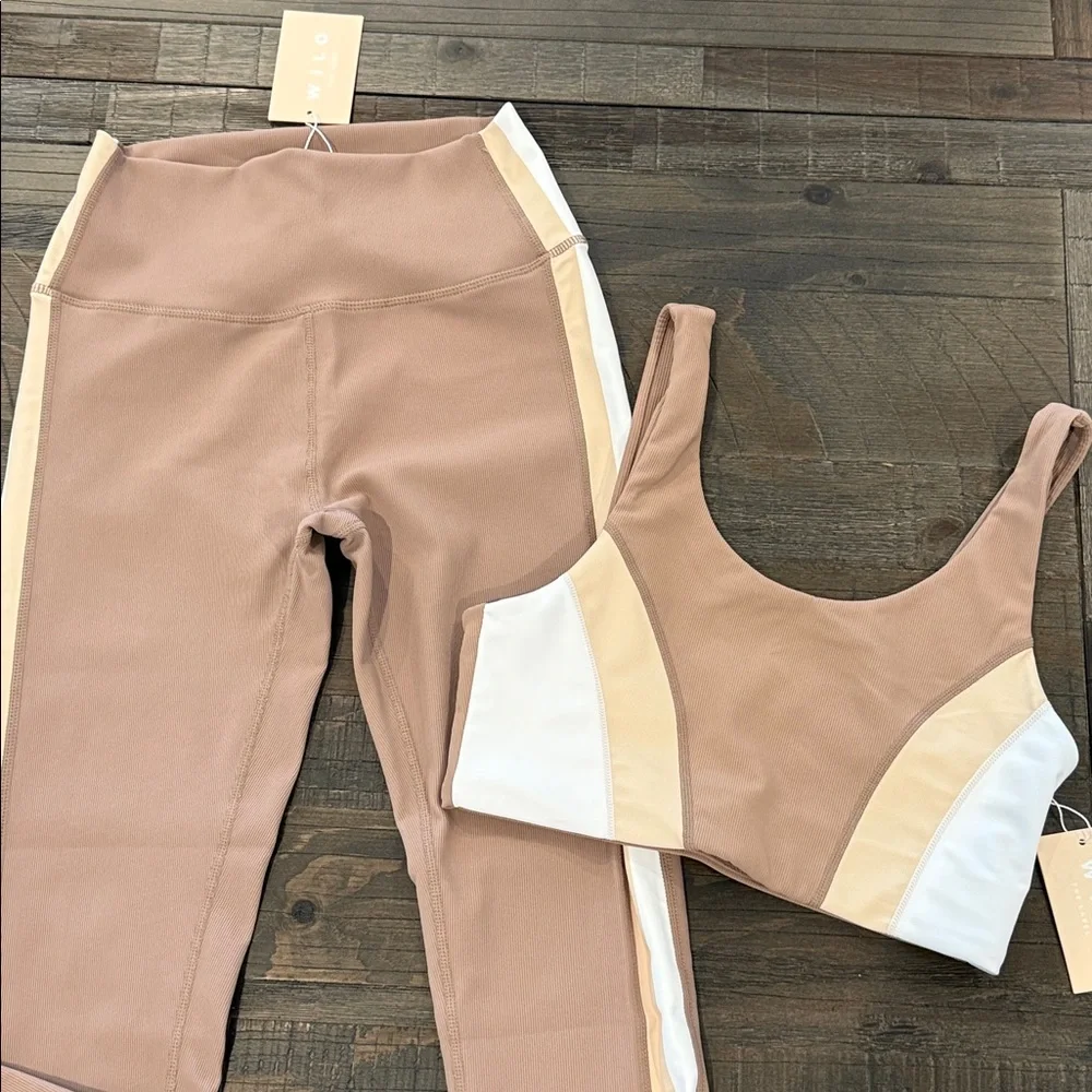 WILO The Label 2 Piece Sports Bra and Leggings Brown High Waist Stripe Ribbed S - Picture 4 of 16